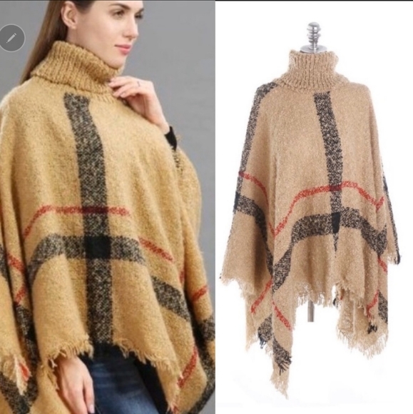 PLAID DESIGN PONCHO LT OR DK KHAKI **ONLY 1 LEFT!! - Picture 2 of 8